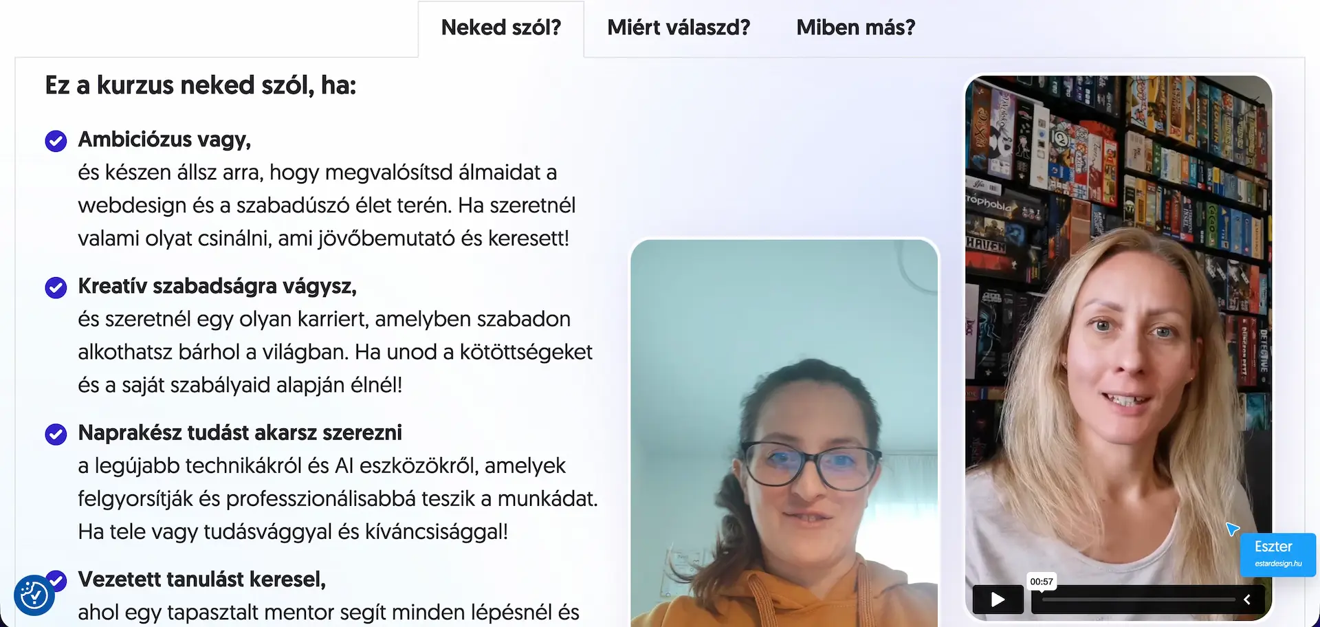 Példa videós social proofra a Pixelgyár webhelyéről volt webdesigner tanulóktól.